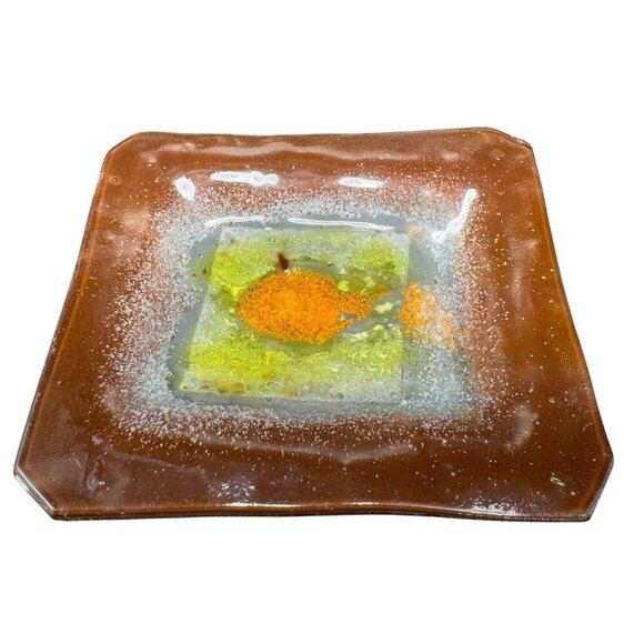 Hand Made Fused Art Glass Dish Plate Trinket Holder Multicolor Bubbles Hand Made - Picture 1 of 13